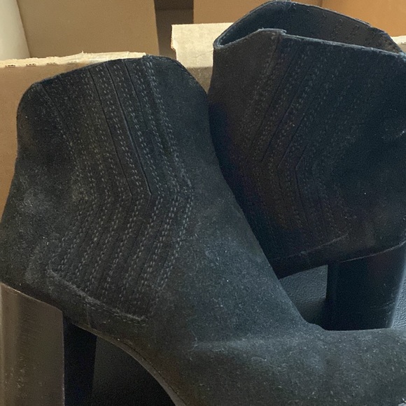 Black suede high heel ankle boots. Bought in Denmark Comfy Stacked 3 1/2” heel. - Picture 8 of 13
